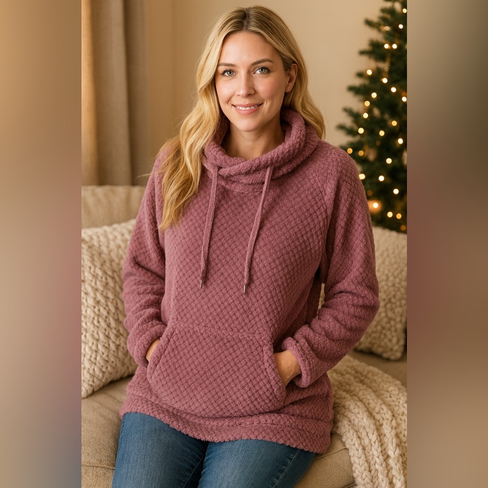 Member’s Mark Women Plush Sherpa Pullover Cowl Neck Kangaroo Pocket Mauve Small